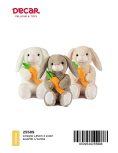 PELUCHE CONIGLIO L35CM 3 COL.ASS C/CAROTA 25589