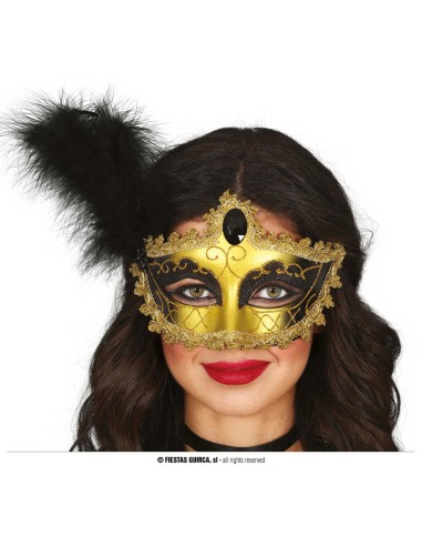 MASCHERA ORO NERA CON PIUMA 12065